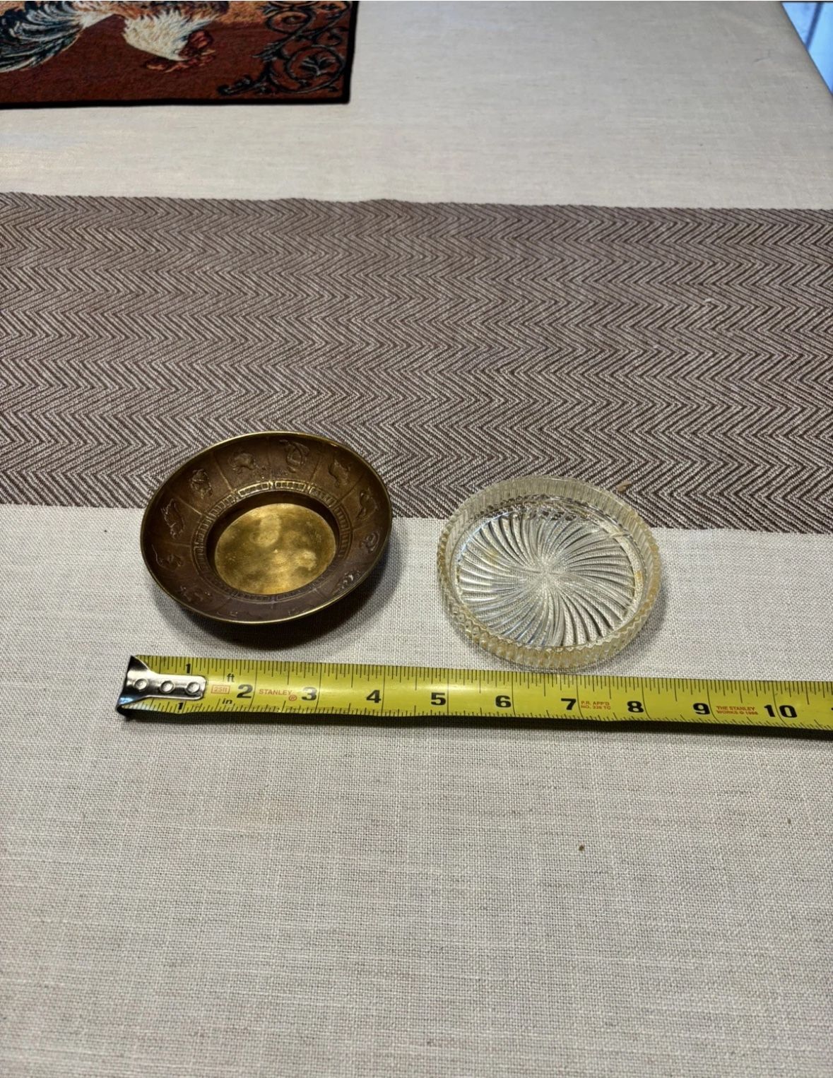 Vintage Korean Brass trinket dish and vintage glass dish.