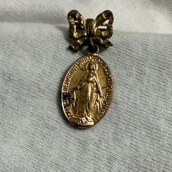 Vintage Miraculous Medal Bow Pin w/dangling Medal