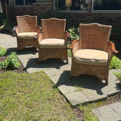 Set of 3 Woven Rattan Armchairs with Cushions – Great for Indoor or Covered Outdoor Use