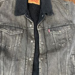 Mens Levis Premium Trucker Demin Jean Jacket Sherpa Fleece Lined Medium