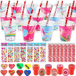 28 Packs Valentines Stationery with Cards and Cups, Valentines Gift Exchange Classroom Prize Rewards Party Favors Toys