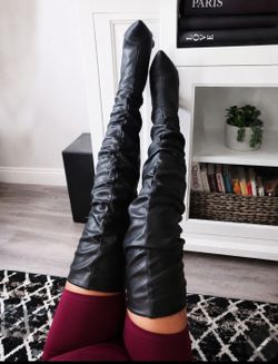 Black PU Over-the-Knee Slouch Boots Pointed Toe Stiletto Heel