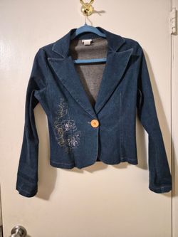 Dark Wash Embroidered Denim Blazer Jacket