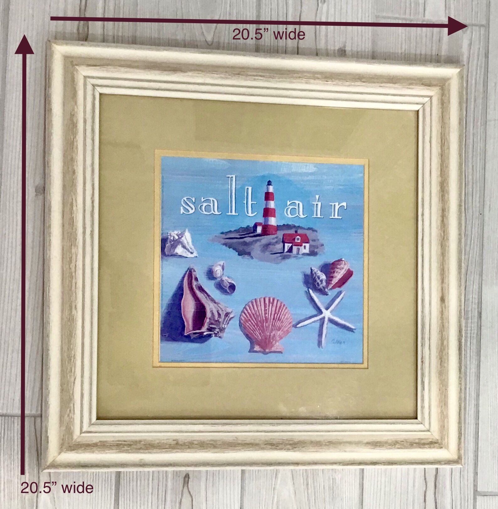 Large Weathered Cream & Tan Wood Framed “Salt Air” Coastal Print