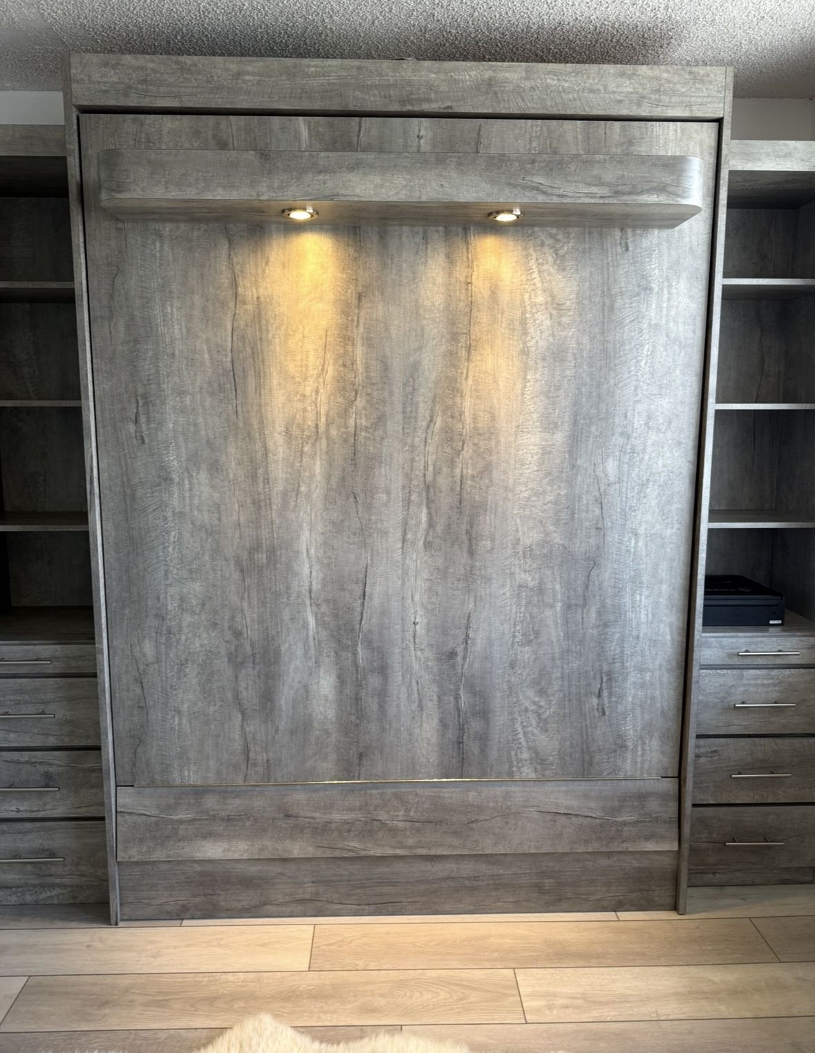 Boca Murphy Beds Custom Murphy Bed Queen Tempur- pedic Queen w Mattress Light Gray Wood Unit Storage Lights