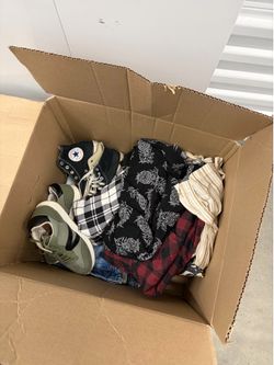 Box of men’s clothes from H&M, forever 21, Gap, American Eagle