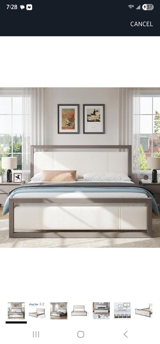 Christopher Knight Home Ruby King Size Platform Bed Frame, Ivory Boucle Fabric Upholstered Headboard and Footboard, Wood Bed Support and Slat, Fully M