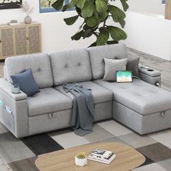 AMERLIFE 84 Inch Pull Out Couch, Tufted Sofa Bed with 2 USB Sockets & Cup Holders, L Shape Sectional Sleeper Sofa Bed with Storage Chaise- Light Grey 