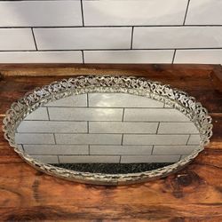 Vintage Oval Filagree Vanity Mirror Tray