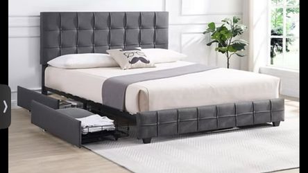 Gray denim Platform bed with Storage drawers