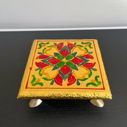 Gold Tone Pooja Chowki Indian Bajot Puja Stool Flower Choki 5.75in