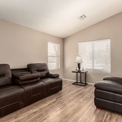 MUST SELL TODAY-make offer-Brand new Furniture-Dining table 4 chairs/ midleaf-electric Leather Couches - Kitchen round glass table-1 King bedframe & 2