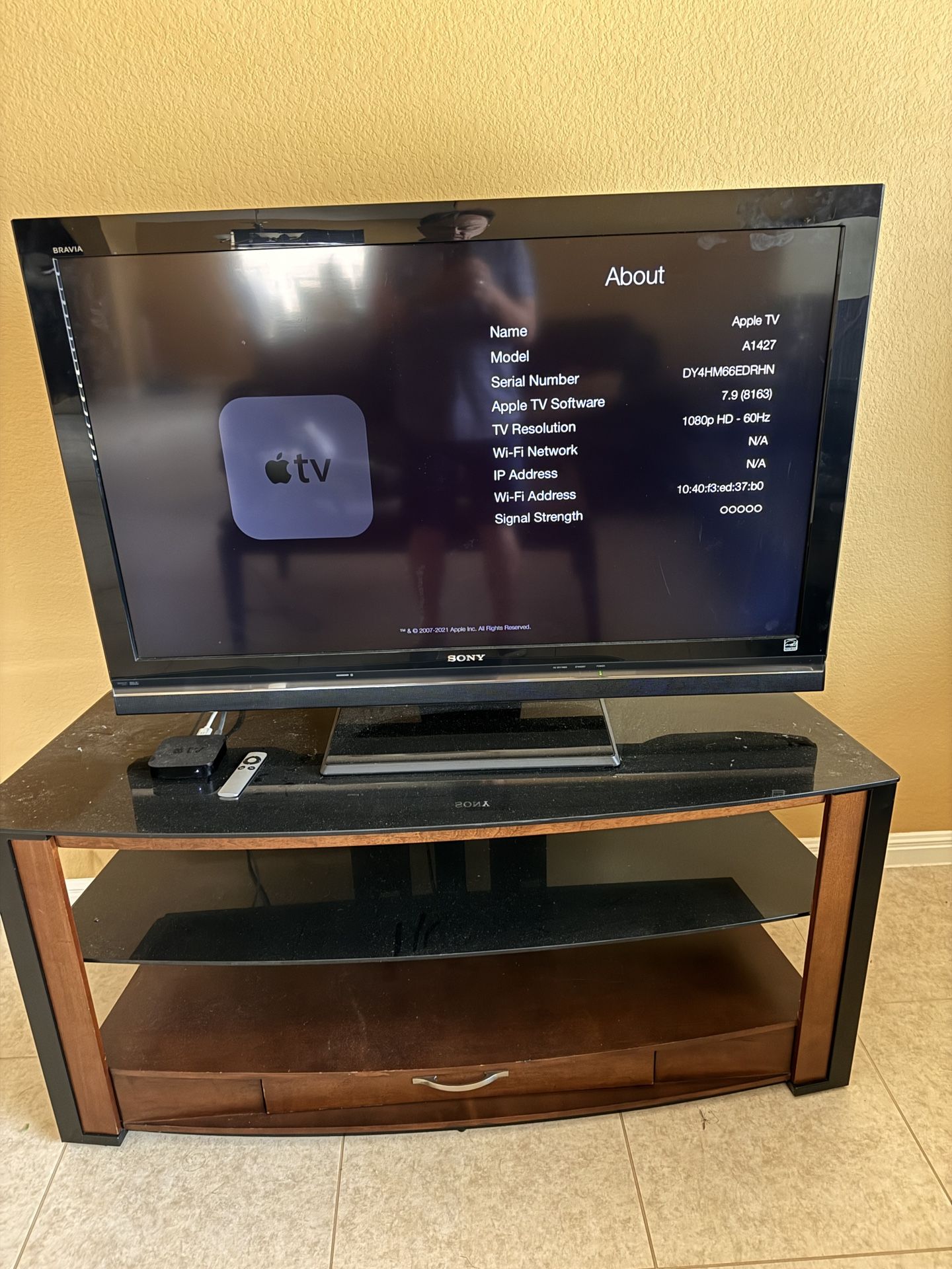 Sony 46” TV, Apple TV and Stand