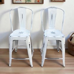 2 Distressed White Metal Industrial Counter Height Stackable Stools