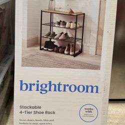 4 Tier Shoe Rack Black Metal with Natural Wood