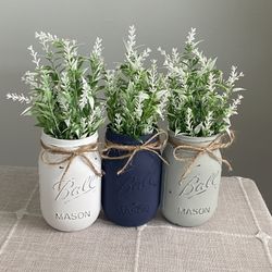 Chalk Painted & Distressed Mason Jar Vases 3 For $18