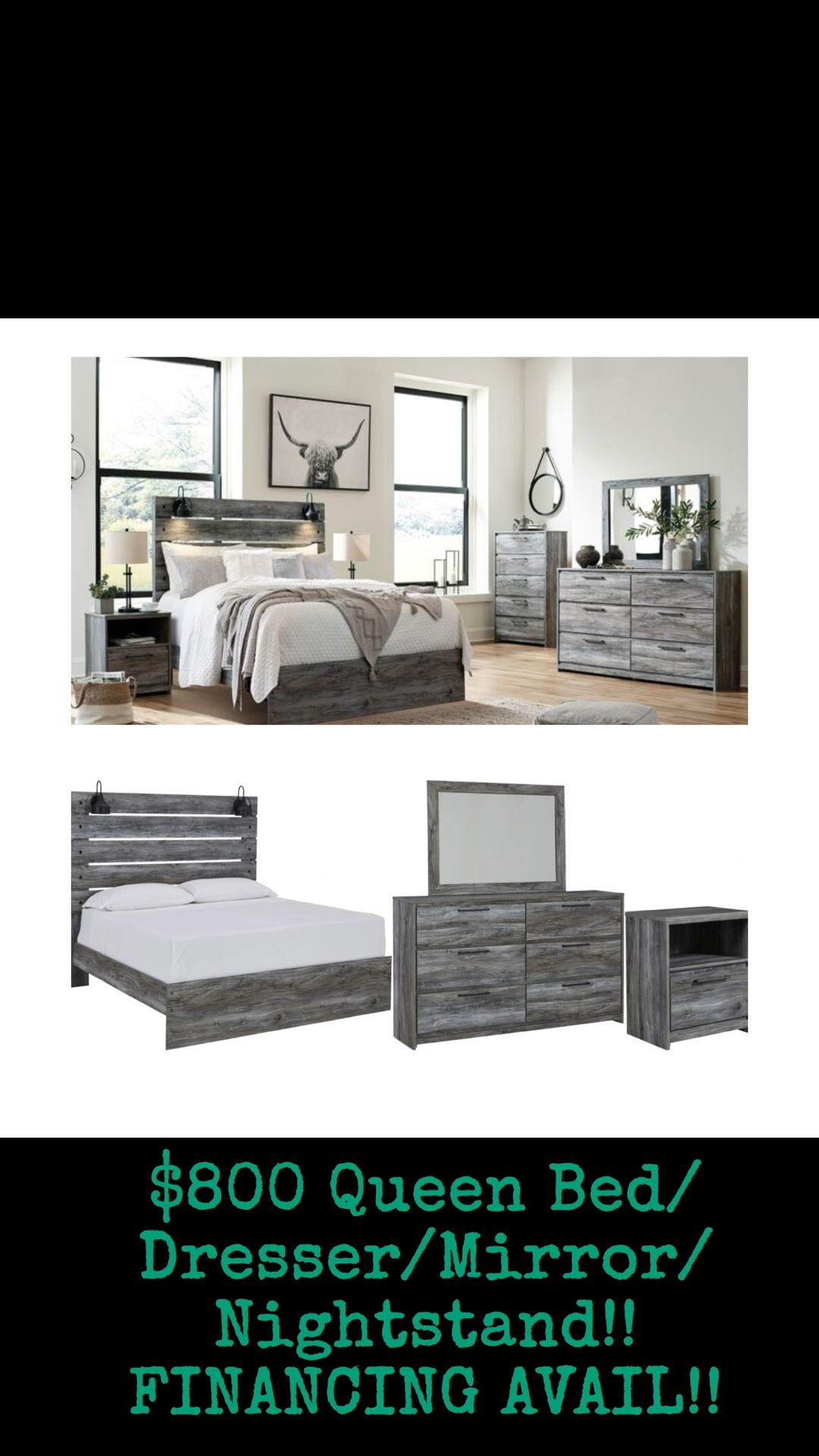 QUEEN BED DRESSER/MIRROR NIGHTSTAND $800 NEW BY ASHLEY FURNITURE 