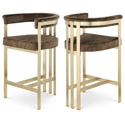 High-End Stylish Modern Classy Brown Plush Velvet & Brushed Brass Metal Counter Stools (Set Of 2)