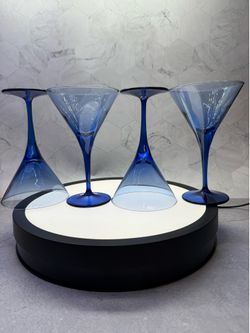 Set of (4) Beautiful Redesign Martini Cobalt Blue Glasses from the collection, featuring a distinct blue stem. 8.45oz. Made in Turkey. Three sets avai