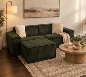 Beautiful Green Corduroy Sectional Sofa with Ottoman 🛋️🌿