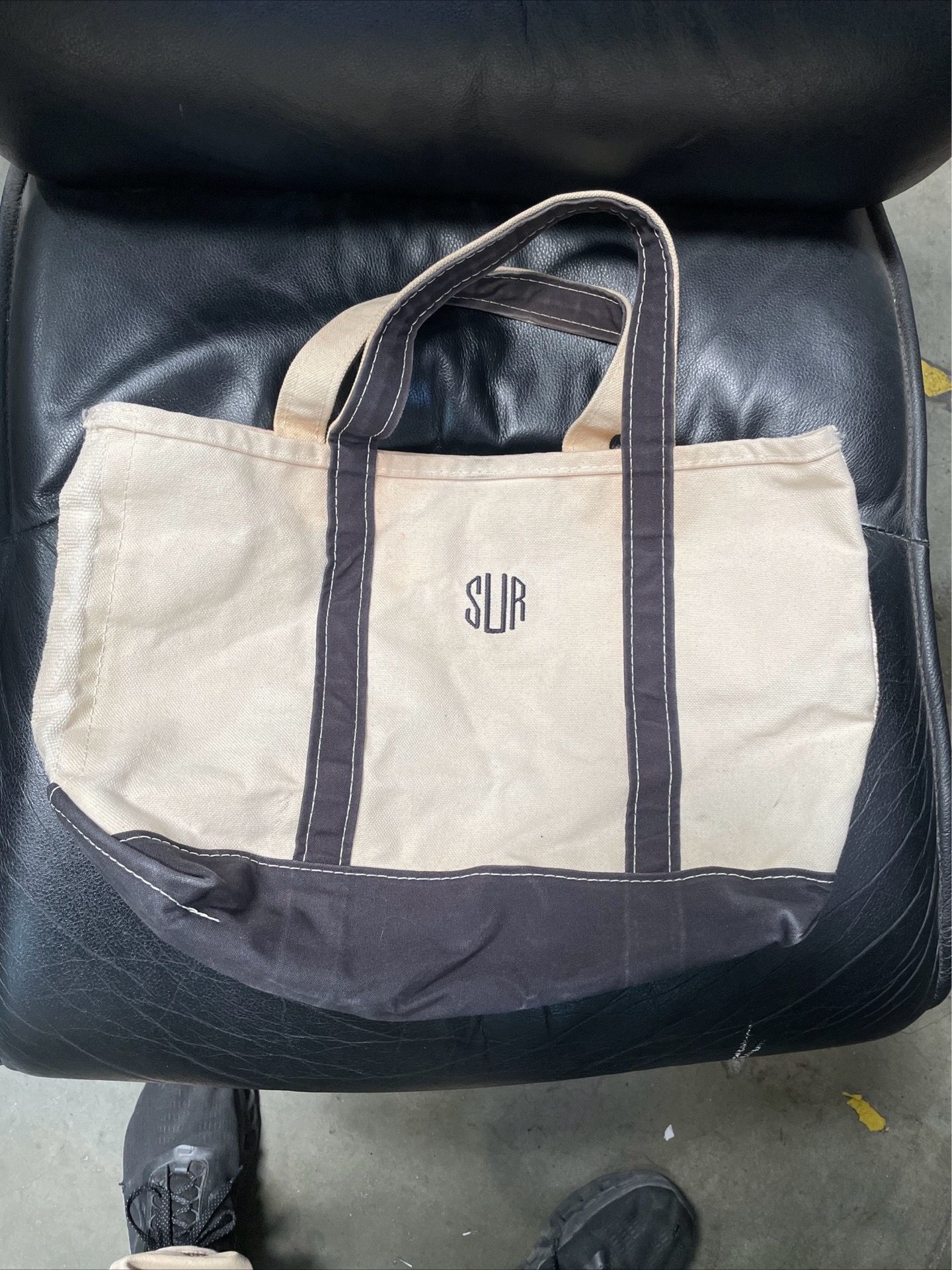 LL Bean Boat & Tote Bag Black Cream Canvas Vintage 90s Medium