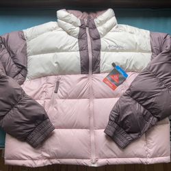 Columbia cropped Omniheat pink and white puffer jacket