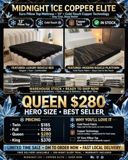 ❄️ MIDNIGHT ICE 🧊 QUEEN $280 🔥
Tela fría que SÍ funciona 😍
Duerme fresco toda la noche
✨ 13" Pillow Top
✨ Copper Tech
✨ Ortopédico
Twin $185 | F