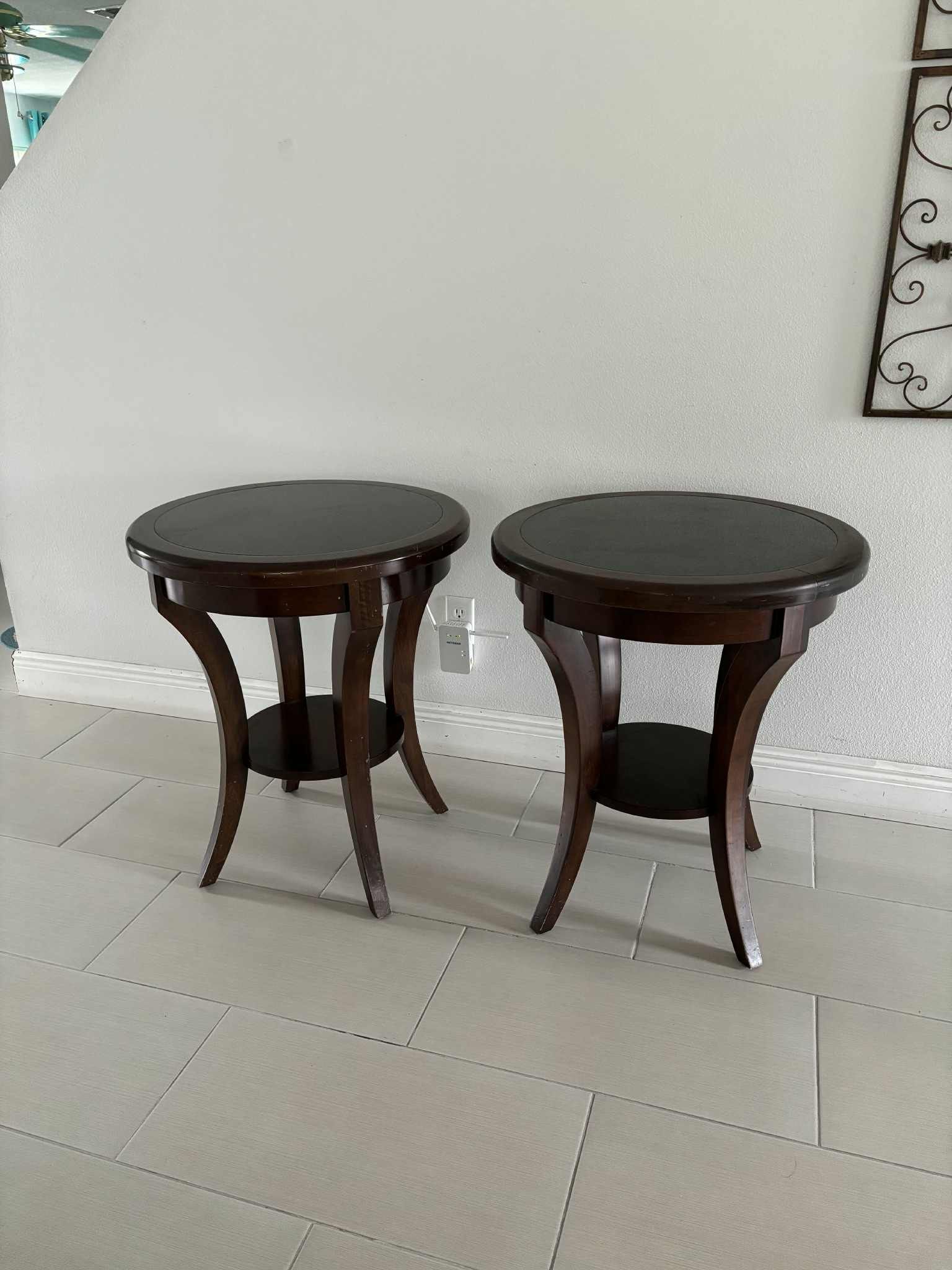 Set Of 2 End Wooden And Marble On Top Tables Size 28” H X 24” C F Kent Furniture Manufactured
