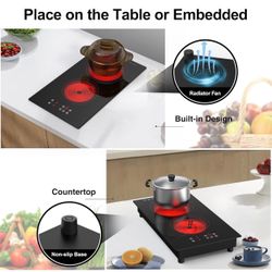 VBGK 2 Burner Electric Cooktop,3000W Built-in & Countertop Portable Electric Stove Top with 9 Heating Level, Timer & Kid Safety Lock, LED Touch Contro
