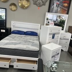 BEDROOM SET PLATFORM W STORAGE DRAWERS 4PC ( BED FRAME,DRESSER,MIRROR&NIGHTSTAND!!!) 