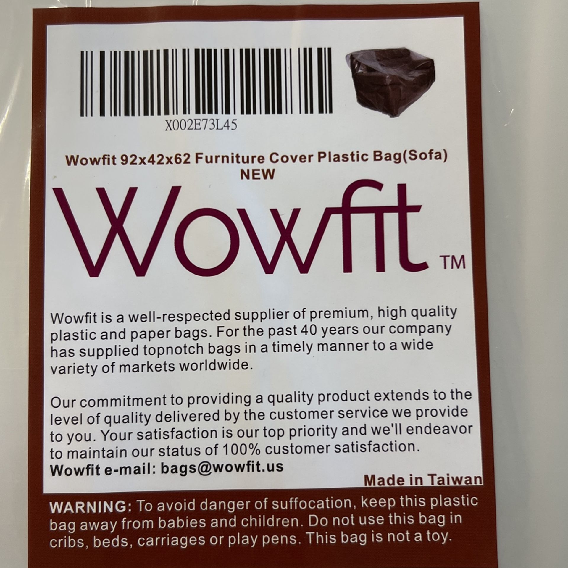 Wowfit 92 X 42 X 62 Furniture Cover Plastic Bag