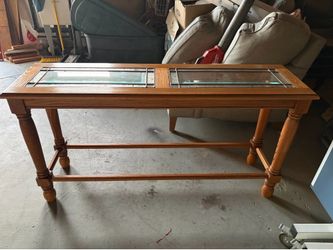 Solid Oak sofa table with glass top
