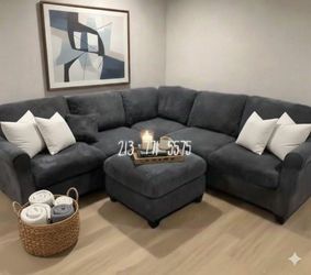 4-Pc Dark Grey Corduroy Sectional Sofa With Ottoman New