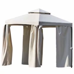 11 ft. x 11 ft. Beige Outdoor Patio Hexagon Gazebo with Polyester Curtain Side Wall