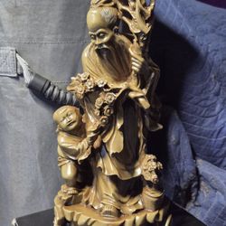 Vintage Chinese Carved Resin Statue Temple Man & Child 