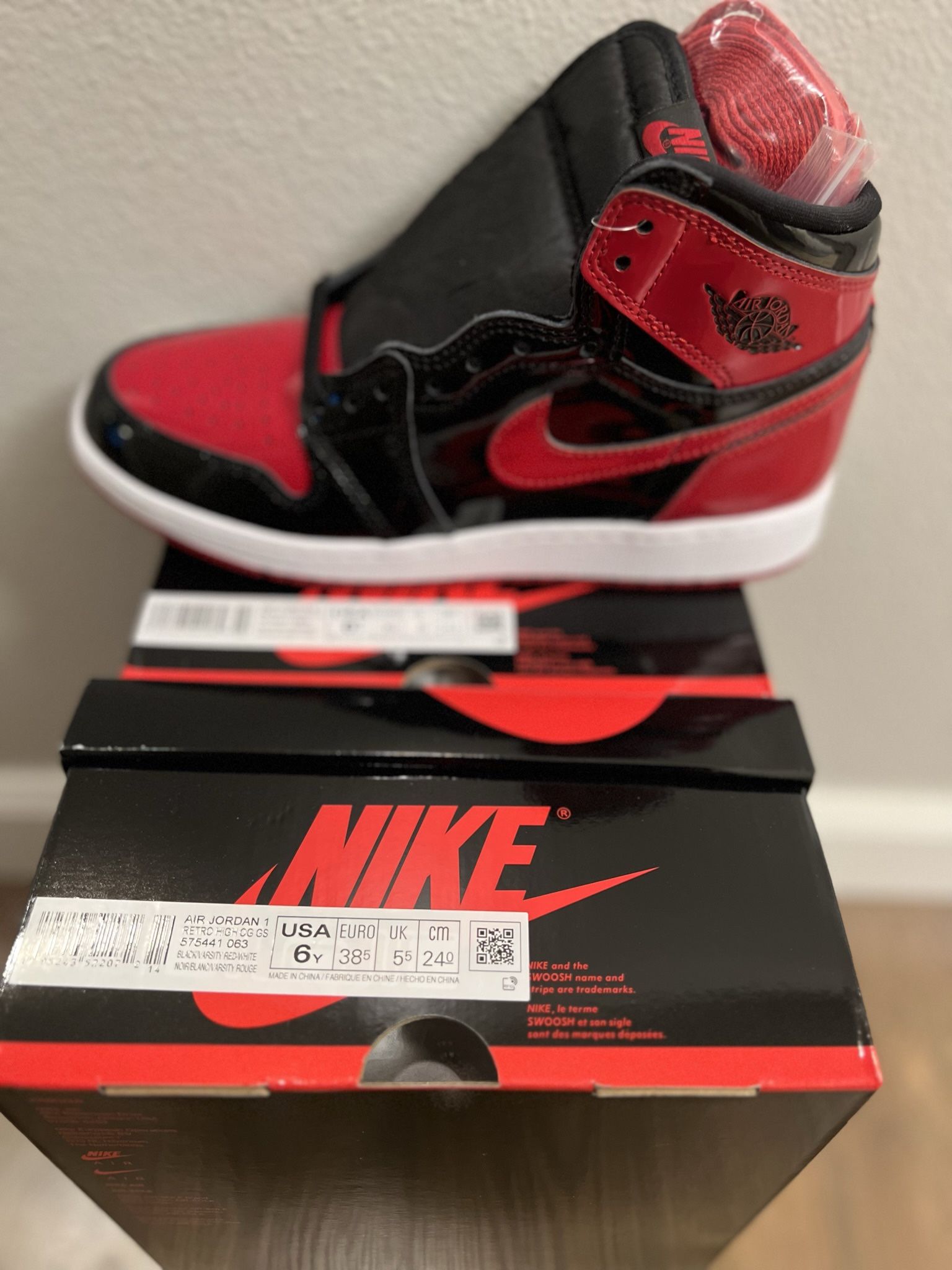 Jordan High Patent Bred Black Red Size And 6Y And - Main Image