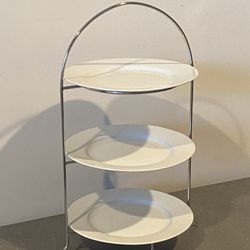 Chrome  Metal 3 Tier Serving Tray With  10.5” Plates  In Perfect Condition 