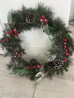 National tree company Faux Lit Rustic Pine and Berry Wreath & Garland. Brand new in box . Battery operated. 20”    $75