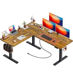 Huuger 63 x 55 Inch L Shaped Standing Desk with Power Outlets Height Adjustable Computer Desk for Bedroom, Corner Stand up Desk for Home and Office, W