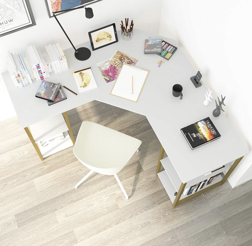 Elephance Large LShaped Computer Desk with Shelves, Modern Home Office