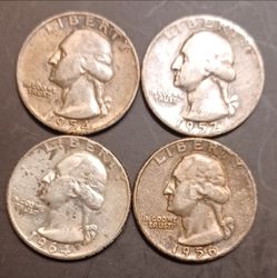 4 Washington Silver Quarters minted during the 1950s and 1960s: 90% Silver
