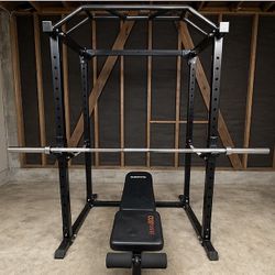 Power Rack, Olympic Bar, 300lbs weights with tree and bench