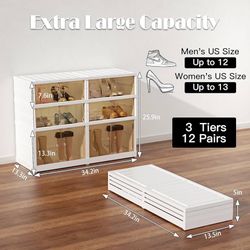 3-Tier Portable Shoe Rack Organizer for Closet, 12 Pairs Shoe Container Bins, Clear Plastic Collapsible Shoes Storage Box, Stackable Sneaker Storage S