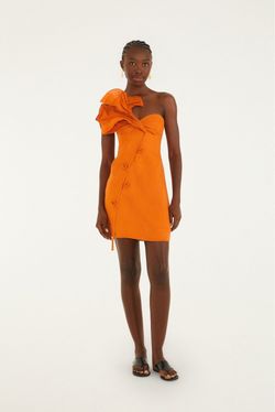 Farm Rio Small Orange One-Shoulder Ruffle Mini Dress