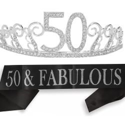 50th Birthday Sash and Tiara for Women - Fabulous Glitter Sash + Waves Rhinestone Silver Premium Metal Tiara for Her, 50th Birthday Gift