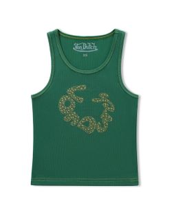 Von Dutch Rhinestone Warped Logo Tank- Green, XS