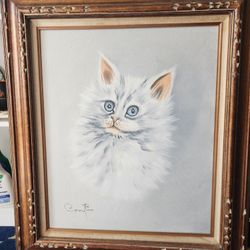 Original Framed Canvas Painting of White Cat, Artist Signed, 28" × 32" Nice.  The canvas measures 20" × 24"