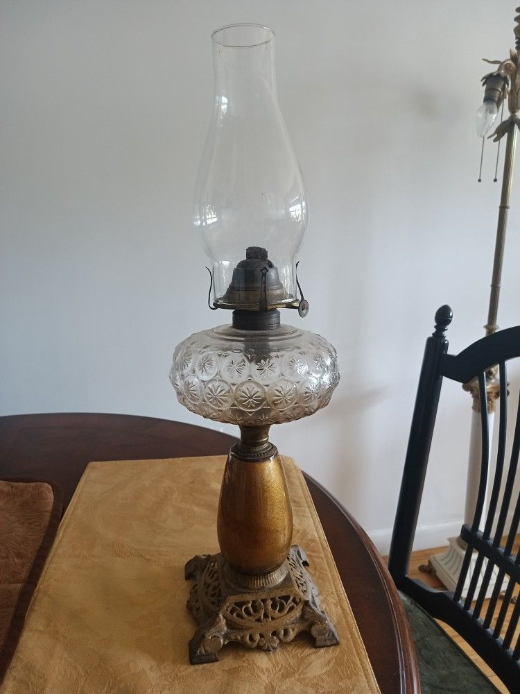Antique Oil Lamp Reverse Chalet Glass Stem Cast Iron Base