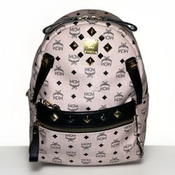 MCM Visetos Studded Dual Stark Backpack Pouch Women Soft Pink Leather Gold Black