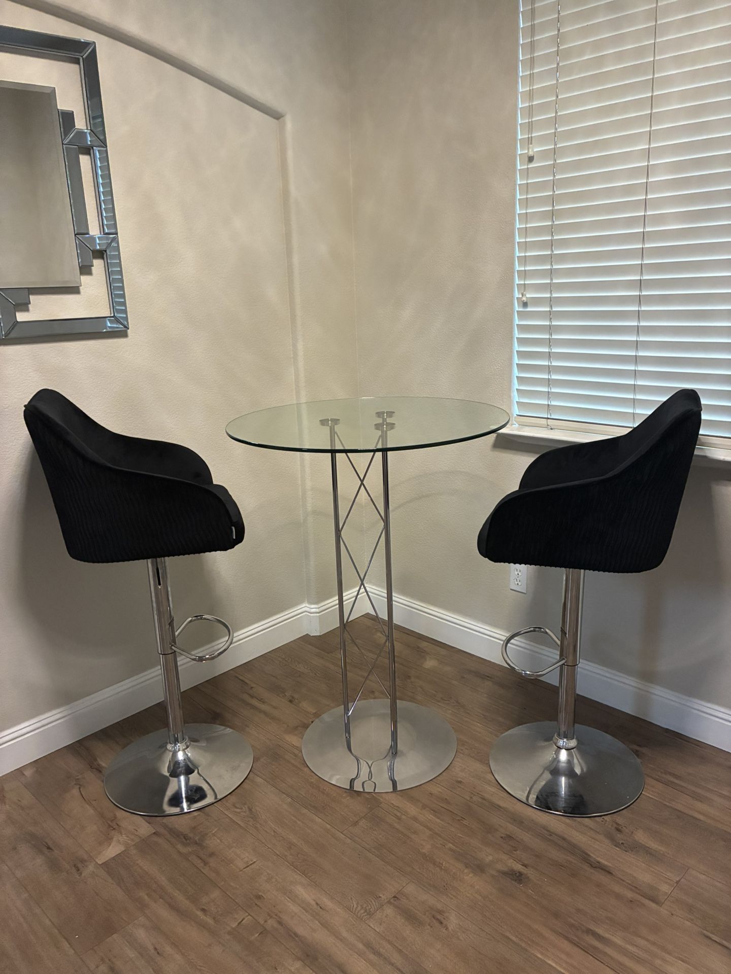 Glass Bar Top Table with 2 Bar stool chairs